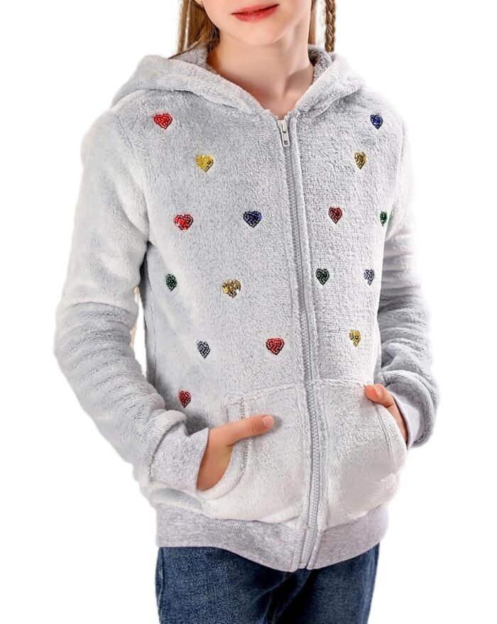 V.&GRIN Girl Zip up Hoodie Sweatshirt Soft Fuzzy Fleece Jacket with Pocket for Girls 5-16 Years