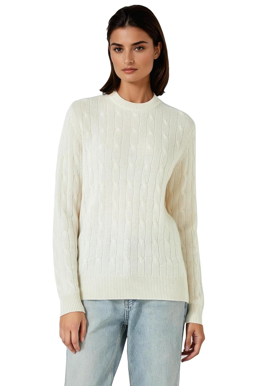 Women’s 100% Pure Cashmere Cableknit Sweater – Grade A Mongolian Cashmere Pullover, Soft Warm Luxury Crew Neck Knit