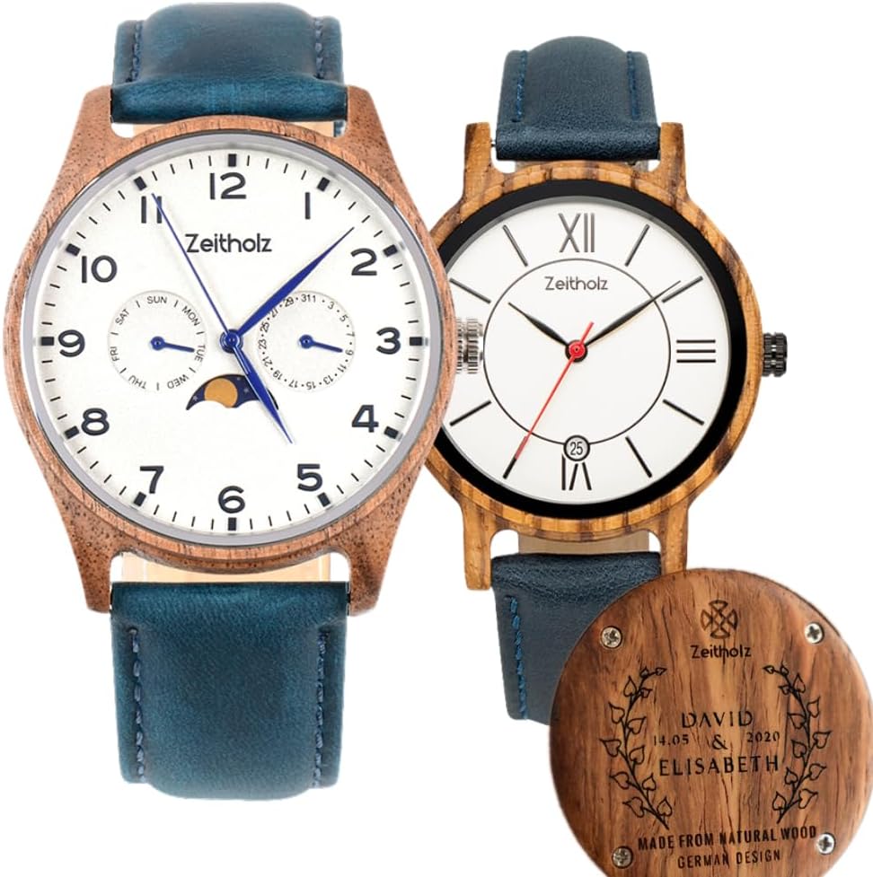 Zeitholz Wooden Watches for Couples, Free Engraving, Gifts, Analog Watch, Klitten 42mm & Rosenbach 36mm, 100% Natural Wood, Japanese Quartz Movement.