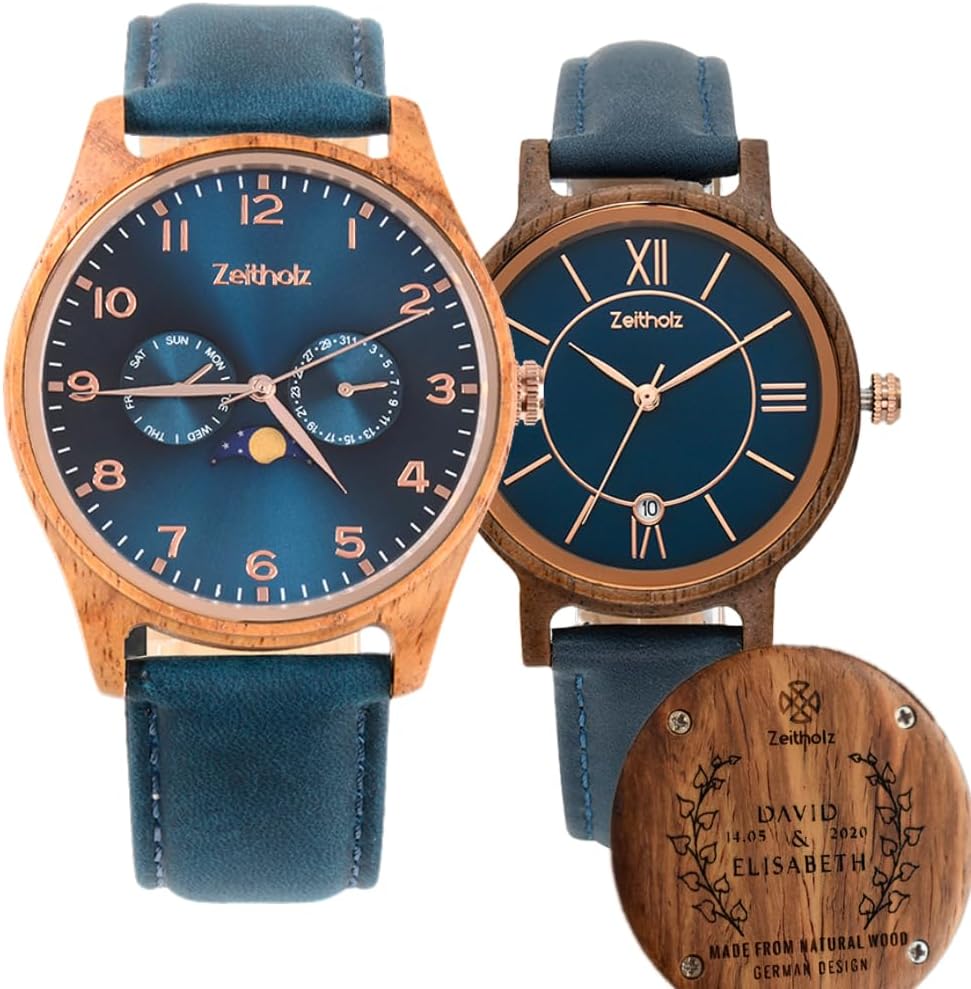 Zeitholz Wooden Watches for Couples, Free Engraving, Gifts, Analog Watch, Klitten 42mm & Rosenbach 36mm, 100% Natural Wood, Japanese Quartz Movement.