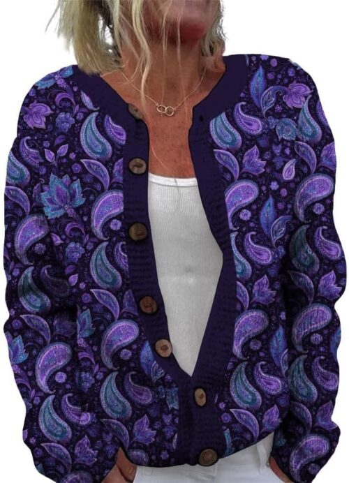 ZOCANIA Cardigan for Women Graphic Open Knit Sweaters Long Sleeve Button Down Cropped Cardigans Soft Winter Outwear