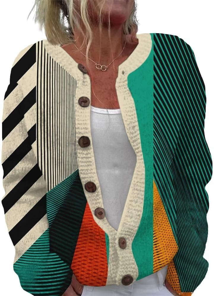 ZOCANIA Cardigan for Women Graphic Open Knit Sweaters Long Sleeve Button Down Cropped Cardigans Soft Winter Outwear