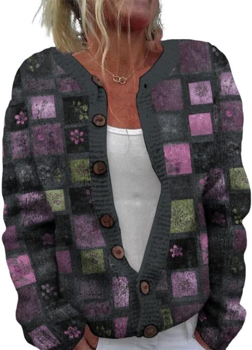 ZOCANIA Cardigan for Women Graphic Open Knit Sweaters Long Sleeve Button Down Cropped Cardigans Soft Winter Outwear