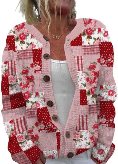 ZOCANIA Cardigan for Women Graphic Open Knit Sweaters Long Sleeve Button Down Cropped Cardigans Soft Winter Outwear
