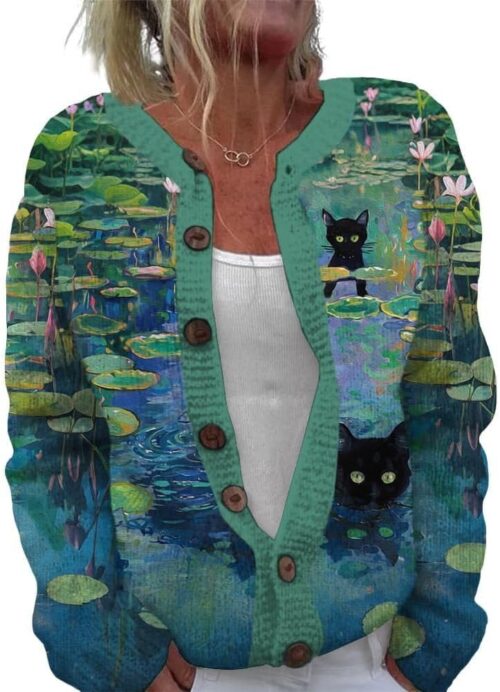 ZOCANIA Cardigan for Women Graphic Open Knit Sweaters Long Sleeve Button Down Cropped Cardigans Soft Winter Outwear