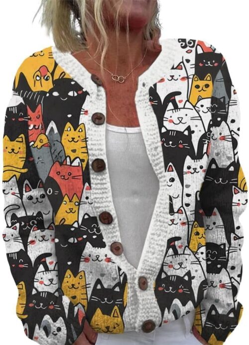 ZOCANIA Cardigan for Women Graphic Open Knit Sweaters Long Sleeve Button Down Cropped Cardigans Soft Winter Outwear