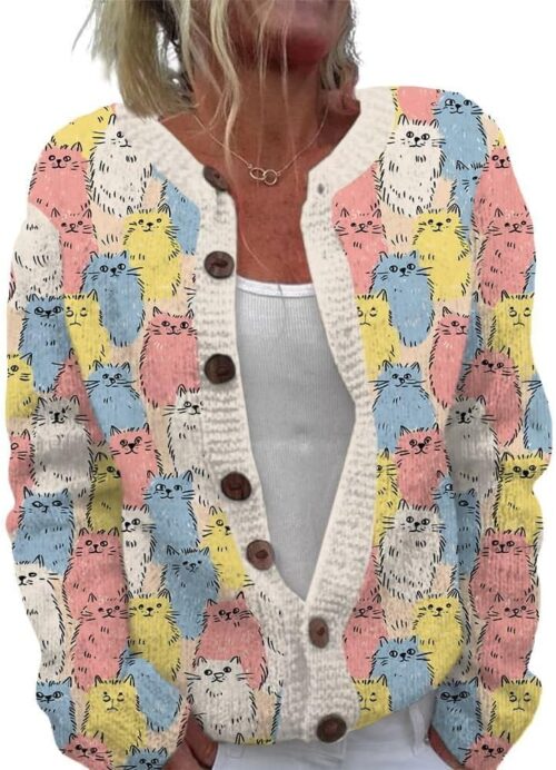 ZOCANIA Cardigan for Women Graphic Open Knit Sweaters Long Sleeve Button Down Cropped Cardigans Soft Winter Outwear