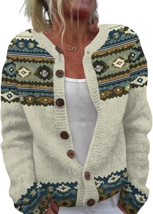 ZOCANIA Cardigan for Women Graphic Open Knit Sweaters Long Sleeve Button Down Cropped Cardigans Soft Winter Outwear