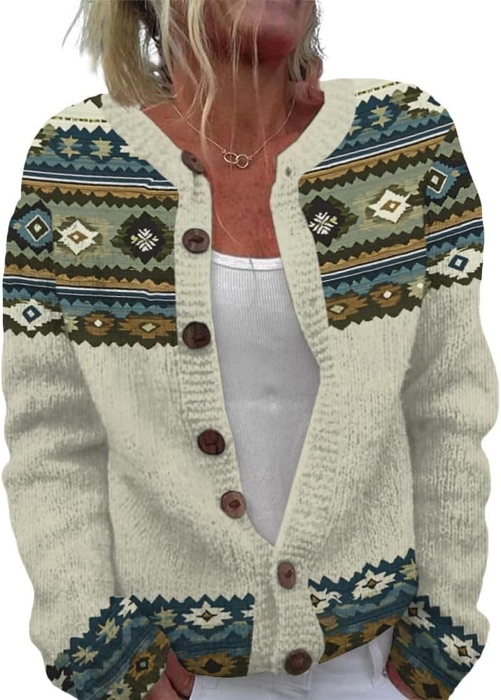 ZOCANIA Cardigan for Women Graphic Open Knit Sweaters Long Sleeve Button Down Cropped Cardigans Soft Winter Outwear