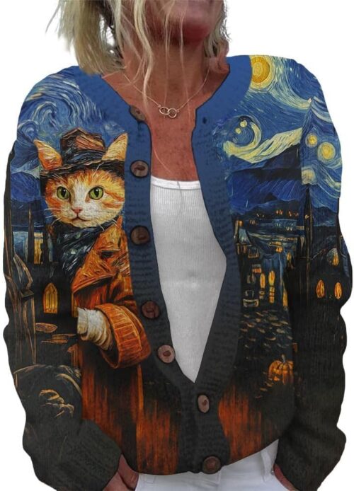 ZOCANIA Cardigan for Women Graphic Open Knit Sweaters Long Sleeve Button Down Cropped Cardigans Soft Winter Outwear