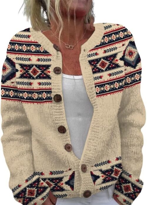 ZOCANIA Cardigan for Women Graphic Open Knit Sweaters Long Sleeve Button Down Cropped Cardigans Soft Winter Outwear