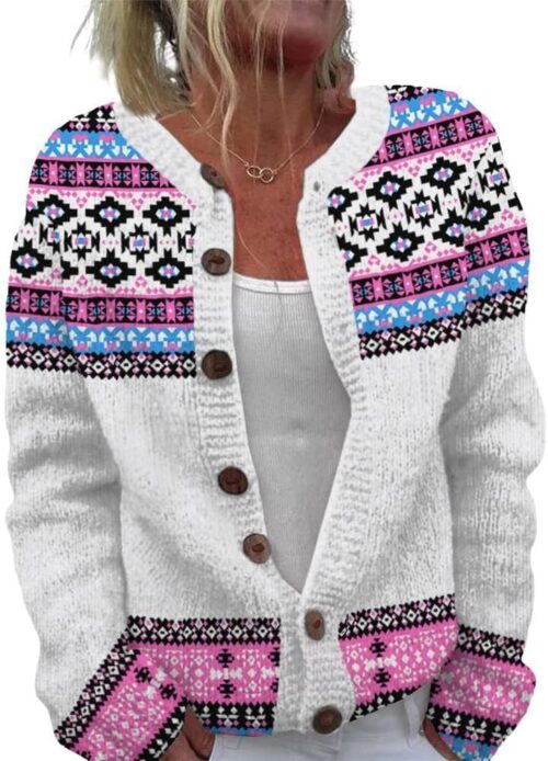 ZOCANIA Cardigan for Women Graphic Open Knit Sweaters Long Sleeve Button Down Cropped Cardigans Soft Winter Outwear