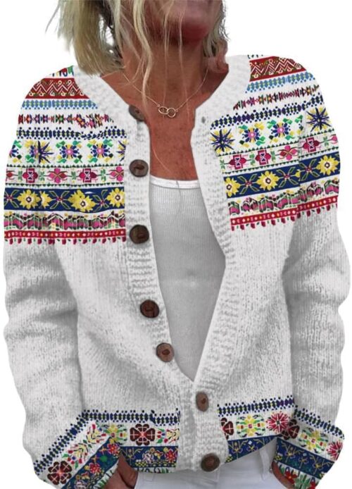 ZOCANIA Cardigan for Women Graphic Open Knit Sweaters Long Sleeve Button Down Cropped Cardigans Soft Winter Outwear