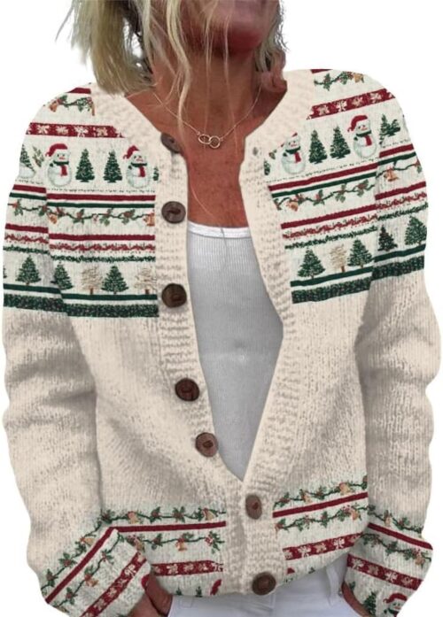 ZOCANIA Cardigan for Women Graphic Open Knit Sweaters Long Sleeve Button Down Cropped Cardigans Soft Winter Outwear