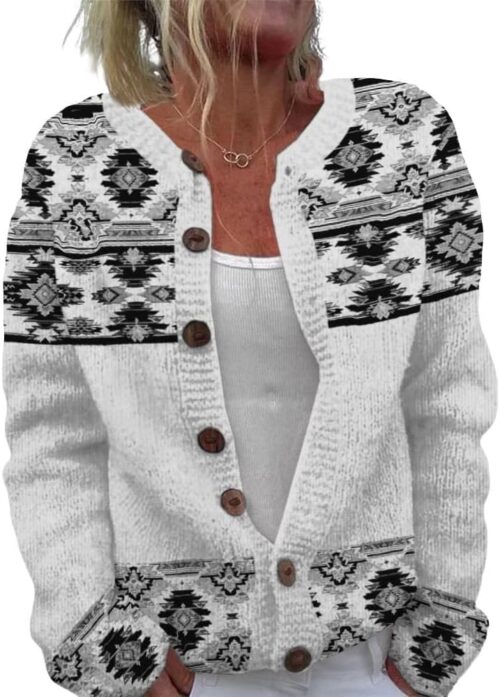 ZOCANIA Cardigan for Women Graphic Open Knit Sweaters Long Sleeve Button Down Cropped Cardigans Soft Winter Outwear