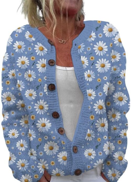 ZOCANIA Cardigan for Women Graphic Open Knit Sweaters Long Sleeve Button Down Cropped Cardigans Soft Winter Outwear