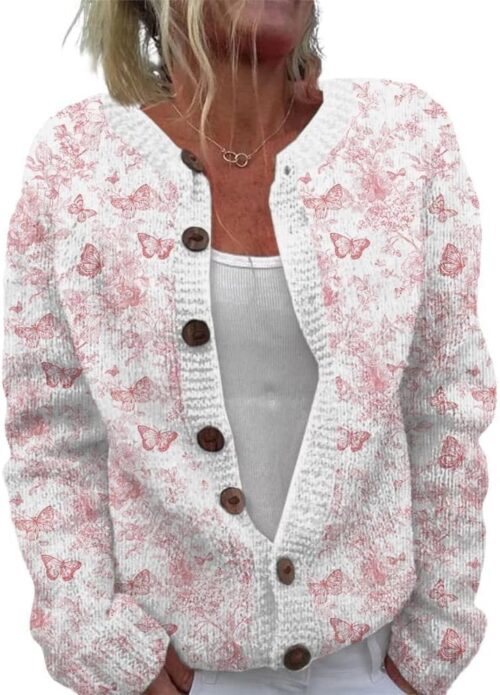 ZOCANIA Cardigan for Women Graphic Open Knit Sweaters Long Sleeve Button Down Cropped Cardigans Soft Winter Outwear