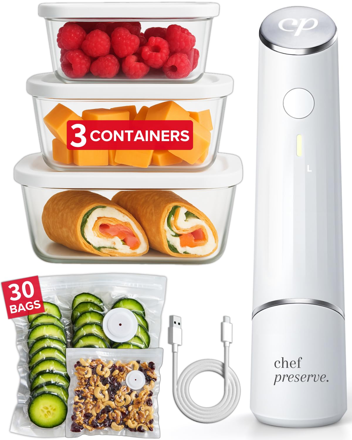 Chef Preserve Compact Vacuum Sealer for Food (Vacuum Sealer Machine + 3 Glass Vacuum Containers + 30 Reusable Vacuum Bags) Powerful Handheld Vacuum Seal Machine, Seal Meal…