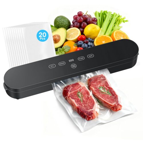 Food Vacuum Sealer Machine, 75kPa Compact Vacuum Sealer for Food, 4-in-1 Food Sealer with Digital Timer, Moist/Dry, Pulse, Seal Modes, Includes 20 Vacuum Bags, Perfect for...