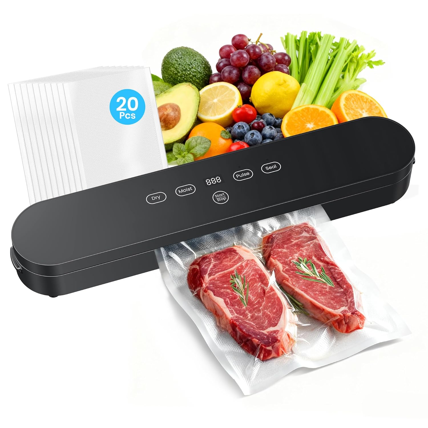 Food Vacuum Sealer Machine, 75kPa Compact Vacuum Sealer for Food, 4-in-1 Food Sealer with Digital Timer, Moist/Dry, Pulse, Seal Modes, Includes 20 Vacuum Bags, Perfect for…