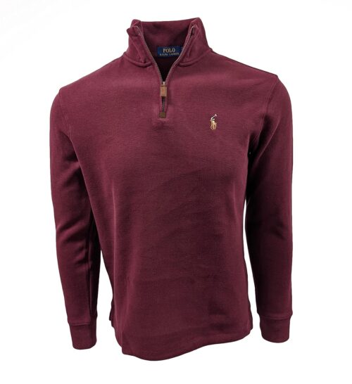 POLO RALPH LAUREN Men Half Zip French Rib Cotton Sweater (Small (Fall/Winter 2021) Red Wine with The Signature Multi-Colored Pony)
