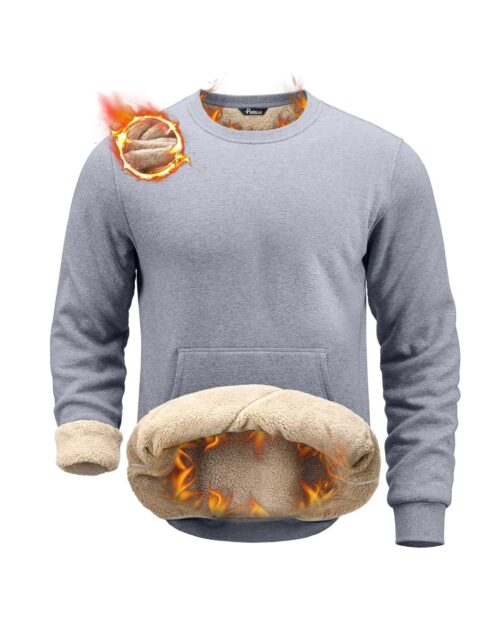 Pudolla Men's Sherpa Lined Sweatshirts Warm Soft Crewneck Sweatshirts Heavyweight Winter Pullover Kangaroo with Pouch Pocket