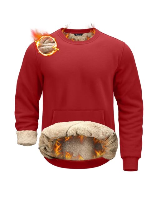 Pudolla Men's Sherpa Lined Sweatshirts Warm Soft Crewneck Sweatshirts Heavyweight Winter Pullover Kangaroo with Pouch Pocket