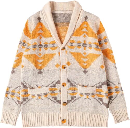 VIEWON Men's Casual Tribal Aztec Print Western Ethnic Vintage Lapel Knitted Warm Long Sleeve Cardigan Sweater Jacket Coat